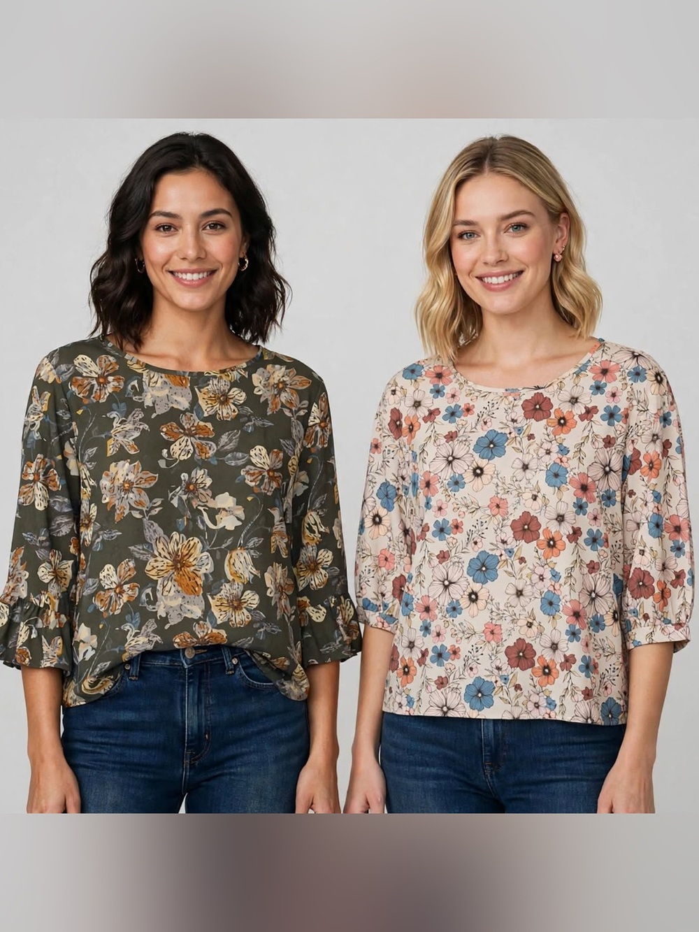 SHEIN Floral 3/4 Sleeve Tunic - Olive & Cream